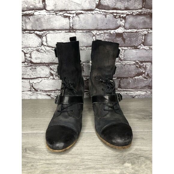 AllSaints Spitalfields Jacks Place Black Leather Zip Heel Strap Boots Women 38EU - Picture 1 of 16